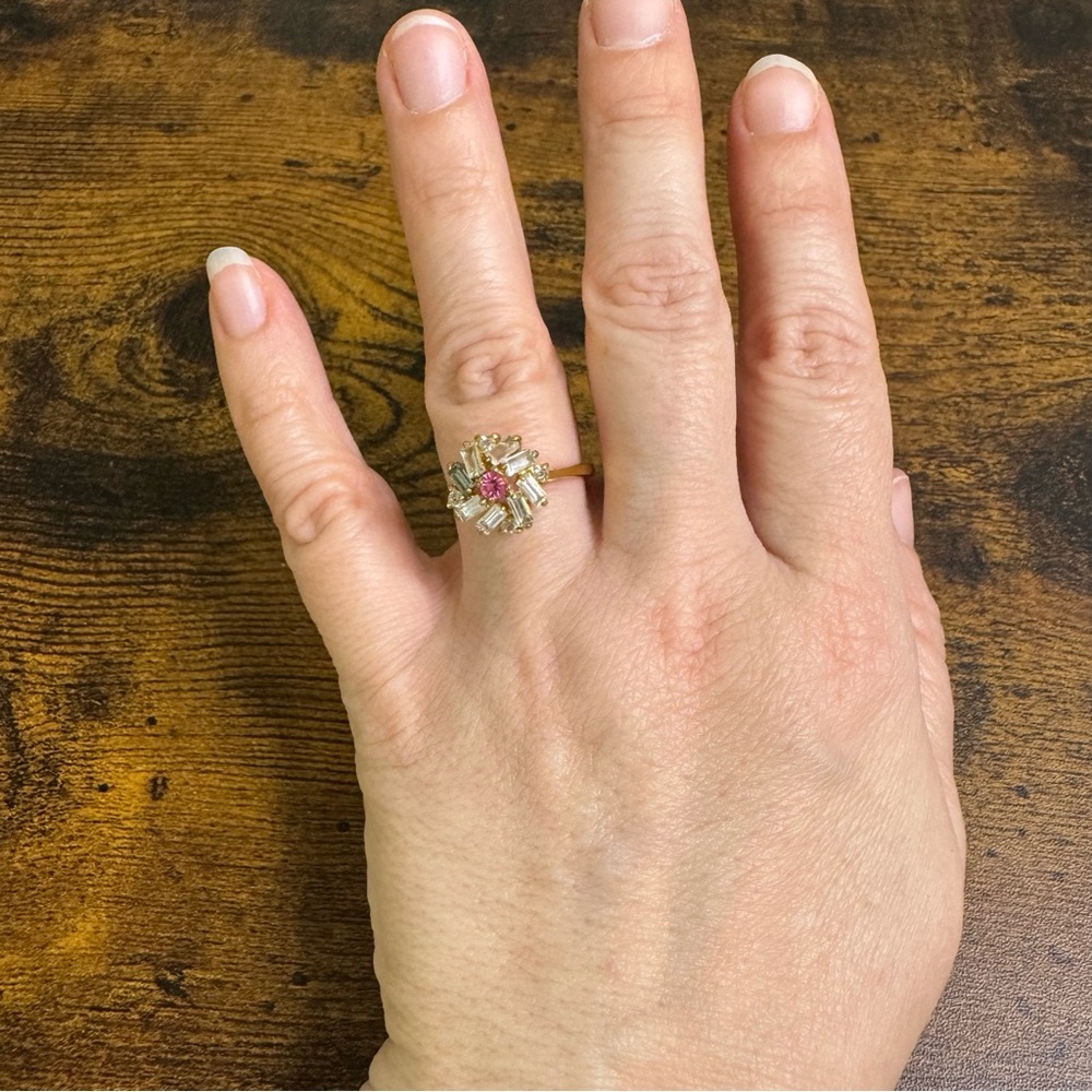 Pink Stone Ballerina Ring Crystal Baguette Cluster Fireworks Gold Plated Vintage - Picture 2 of 14